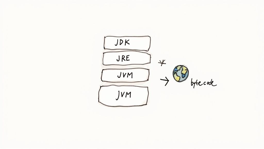 A hand-drawn diagram illustrating the Java ecosystem layers: JDK, JRE, and JVM processing bytecode.