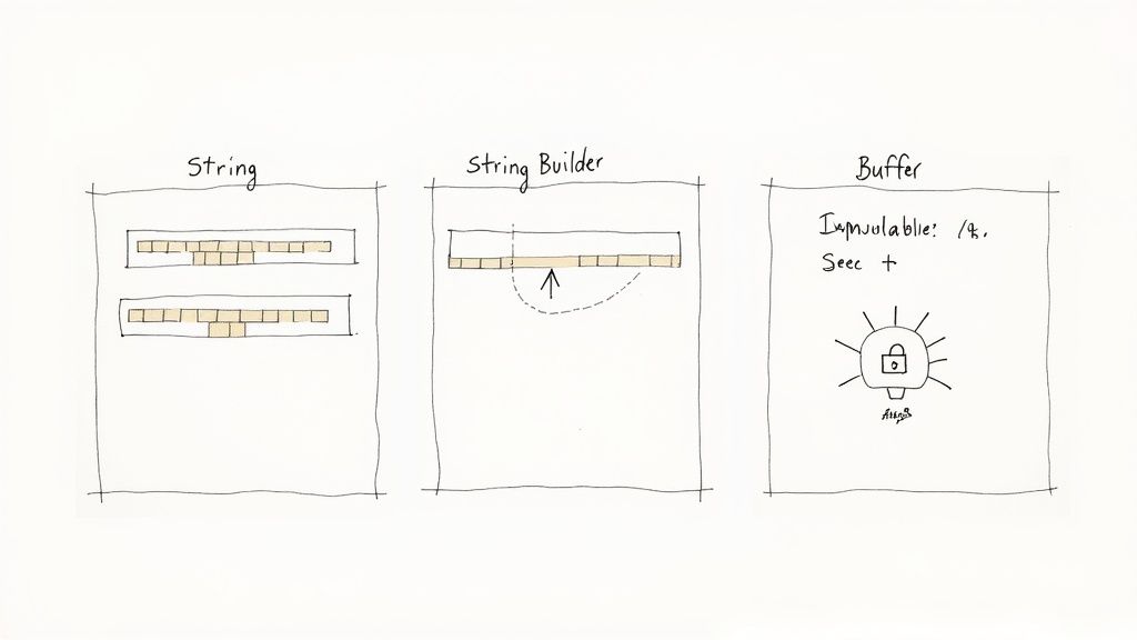 Diagram comparing String, String Builder, and Buffer in programming, showing immutability and mutability concepts.