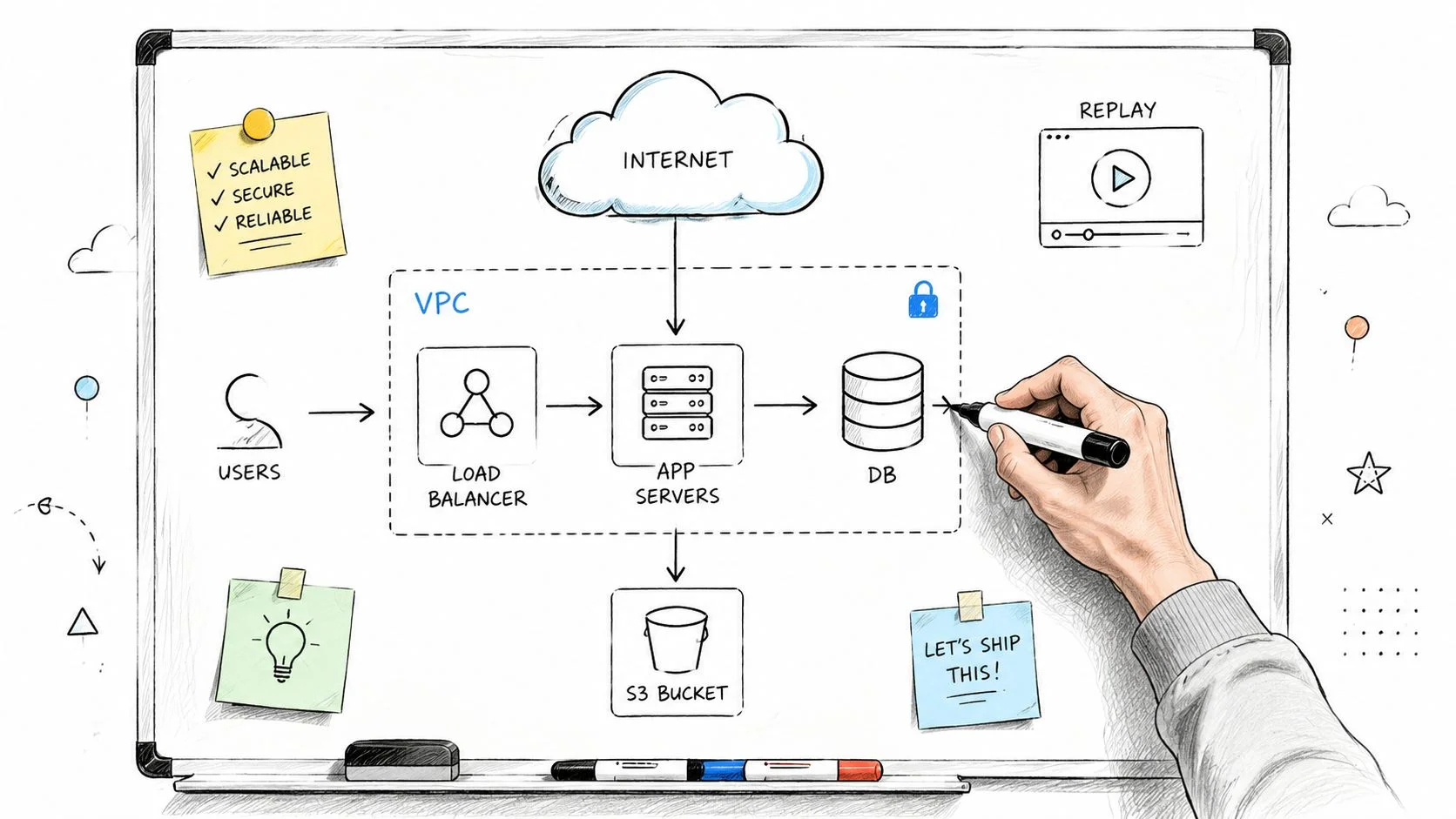 A hand drawing a cloud architecture diagram on a whiteboard, featuring servers, database, load balancer, and storage.