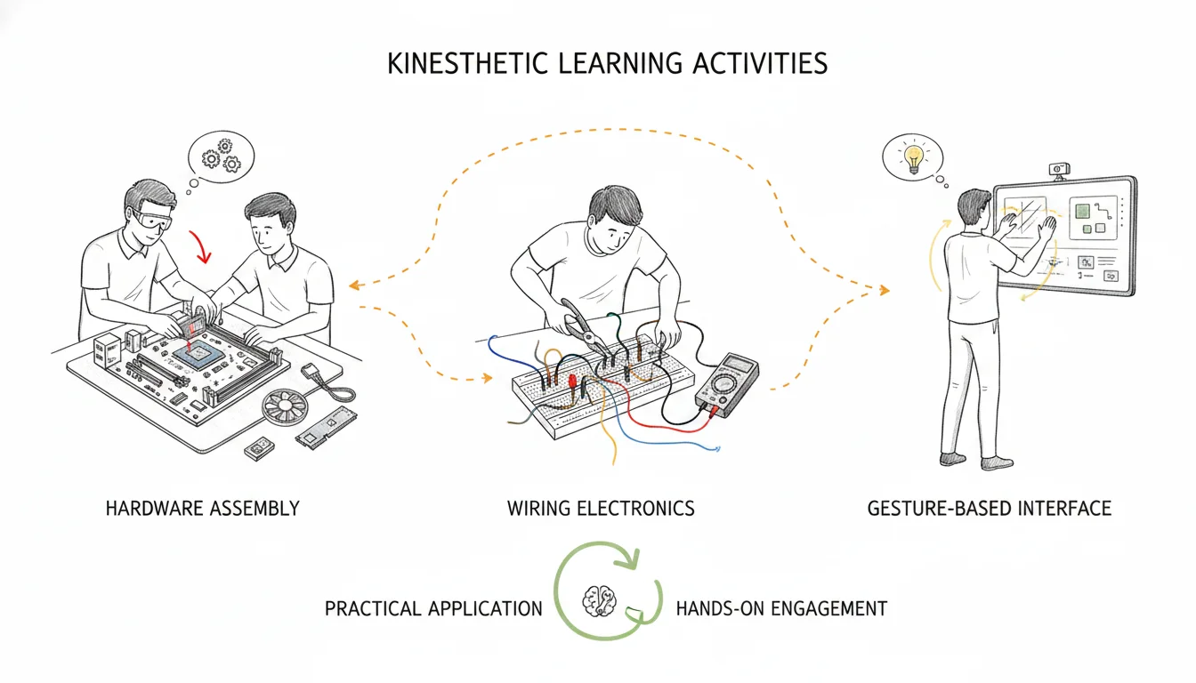 A hand-drawn style illustration showing mobile devices displaying gamified learning progress, badges, scores, and a leaderboard.