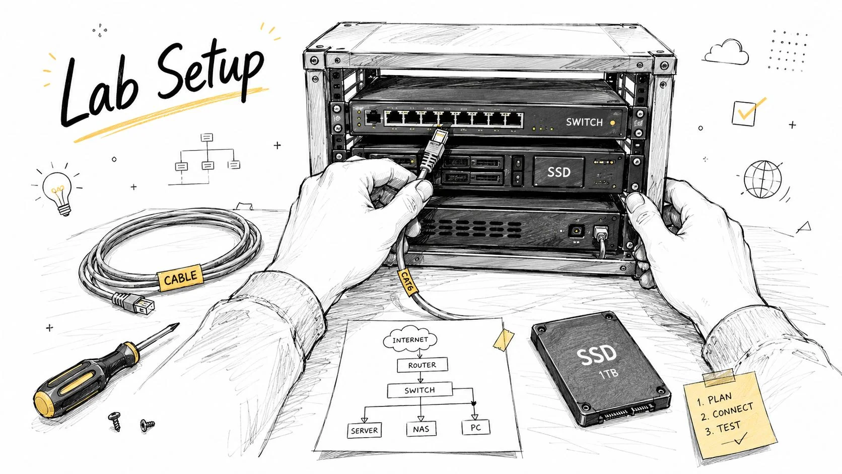 A hand-drawn illustration showing a person organizing server hardware, cables, and network diagrams for a lab setup.