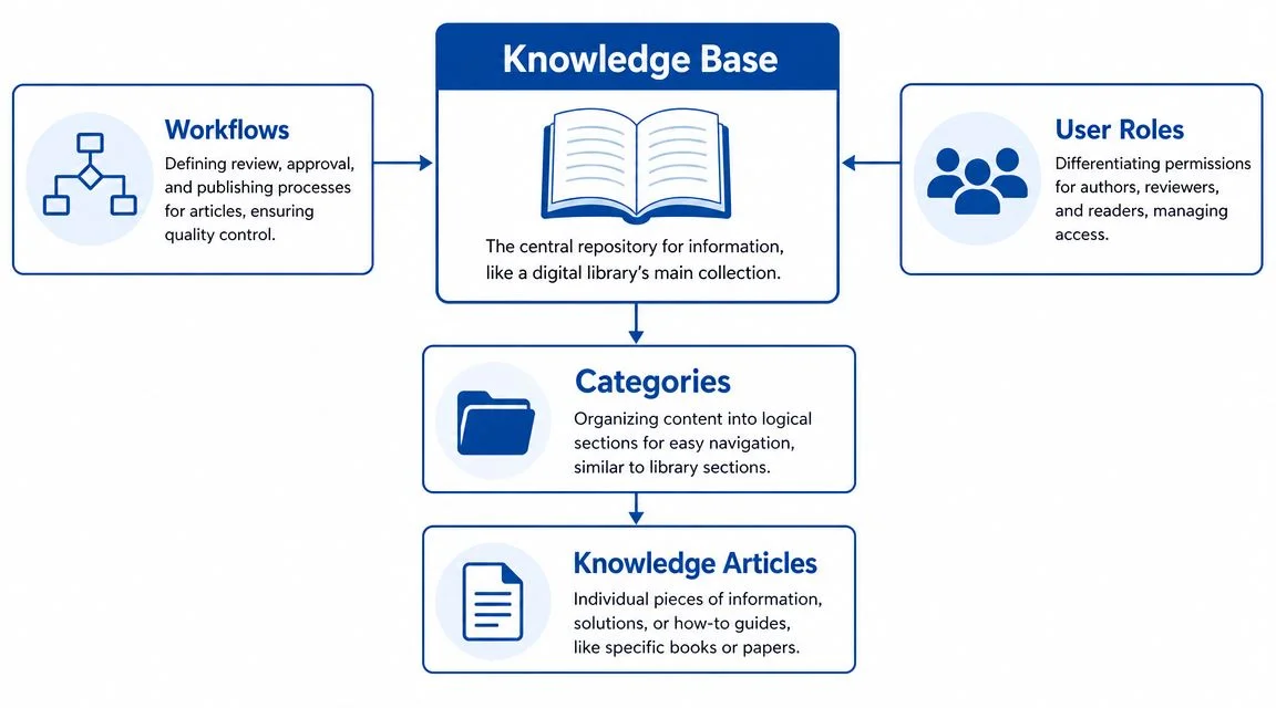 Diagram showing ServiceNow Knowledge Base structure: workflows, user roles, categories, and articles.