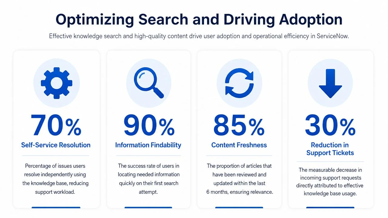 Infographic detailing four metrics for optimizing ServiceNow knowledge base adoption.