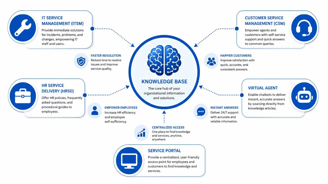 Diagram showing a central knowledge base supporting IT, HR, customer service, and virtual agent workflows.