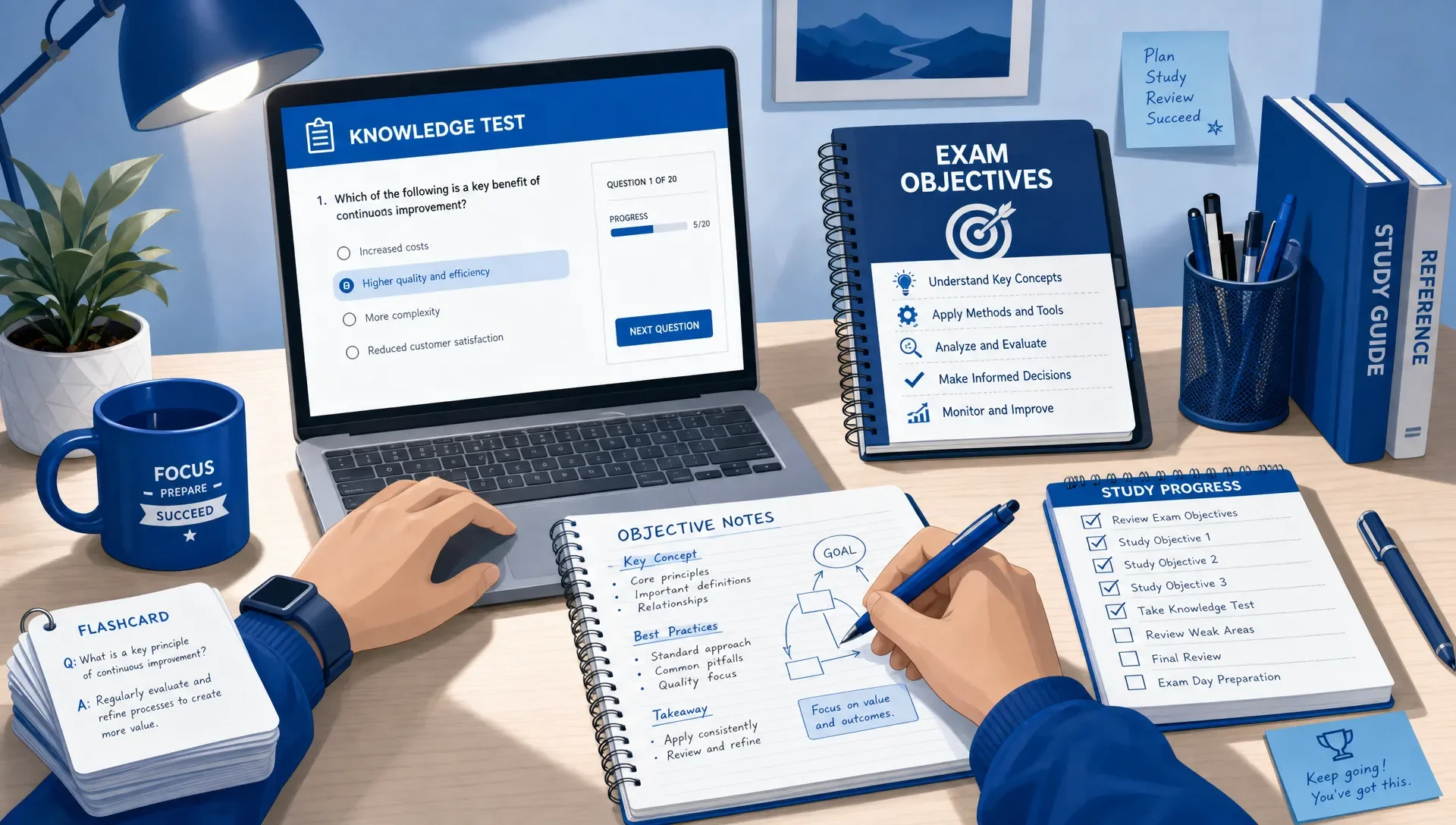 A learner reviews knowledge test questions beside exam objective notes, flashcards and a progress checklist on a desk.