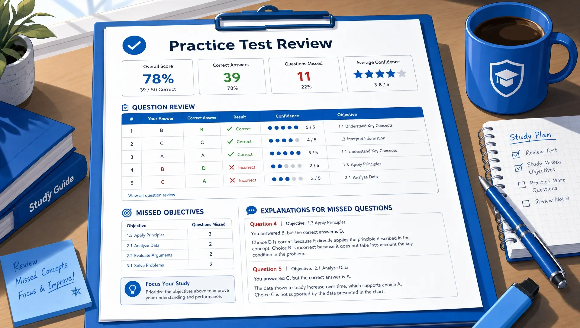 A practice test review sheet shows correct answers, confidence ratings, missed objectives and short written explanations on a study desk.