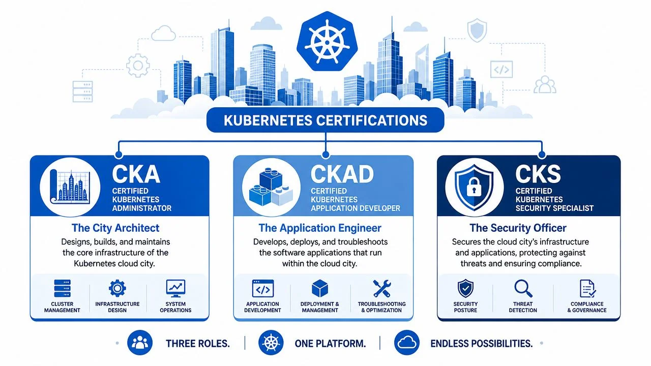 An infographic showing the three main Kubernetes certifications: CKA, CKAD, and CKS with their specific professional roles.