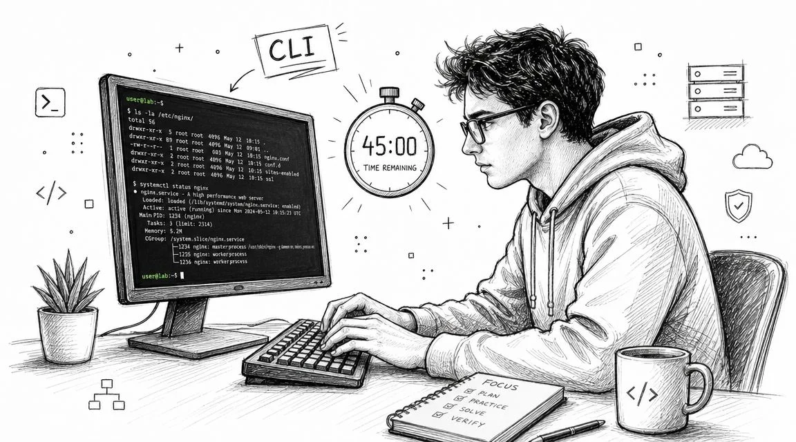 A focused student working on a CLI terminal at a computer desk during a timed exam session.