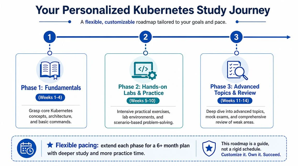 A structured 14-week roadmap infographic for learning Kubernetes, divided into three phases from fundamentals to advanced practice.