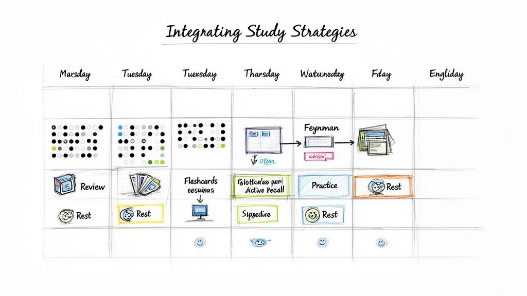 Visual study schedule integrating techniques like spaced repetition, flashcards, active recall, and rest days.
