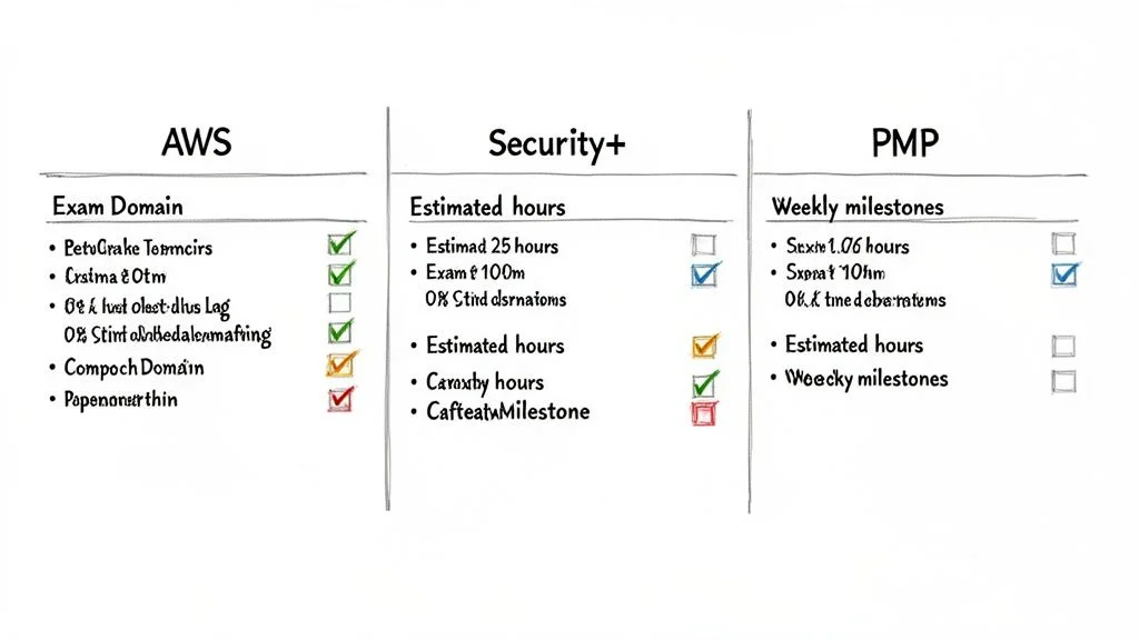 A handwritten learning plan template with checkboxes showing progress for AWS, Security+, and PMP certifications.