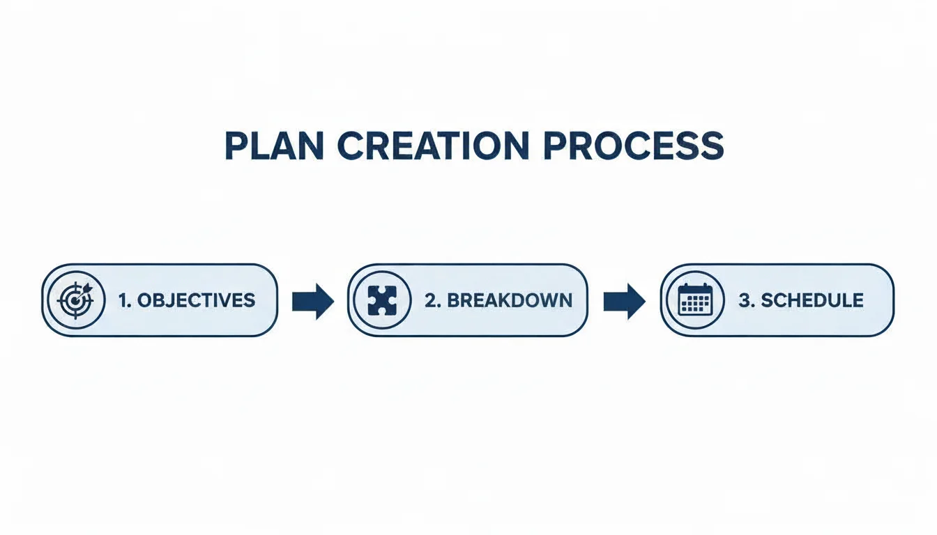 A three-step plan creation process flowchart outlines setting objectives, breaking down tasks, and scheduling.