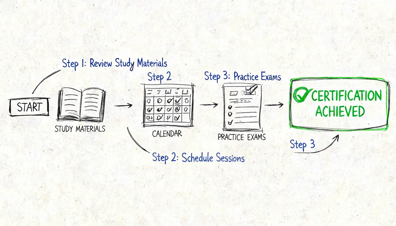Flowchart showing three steps to certification: study, practice, test.