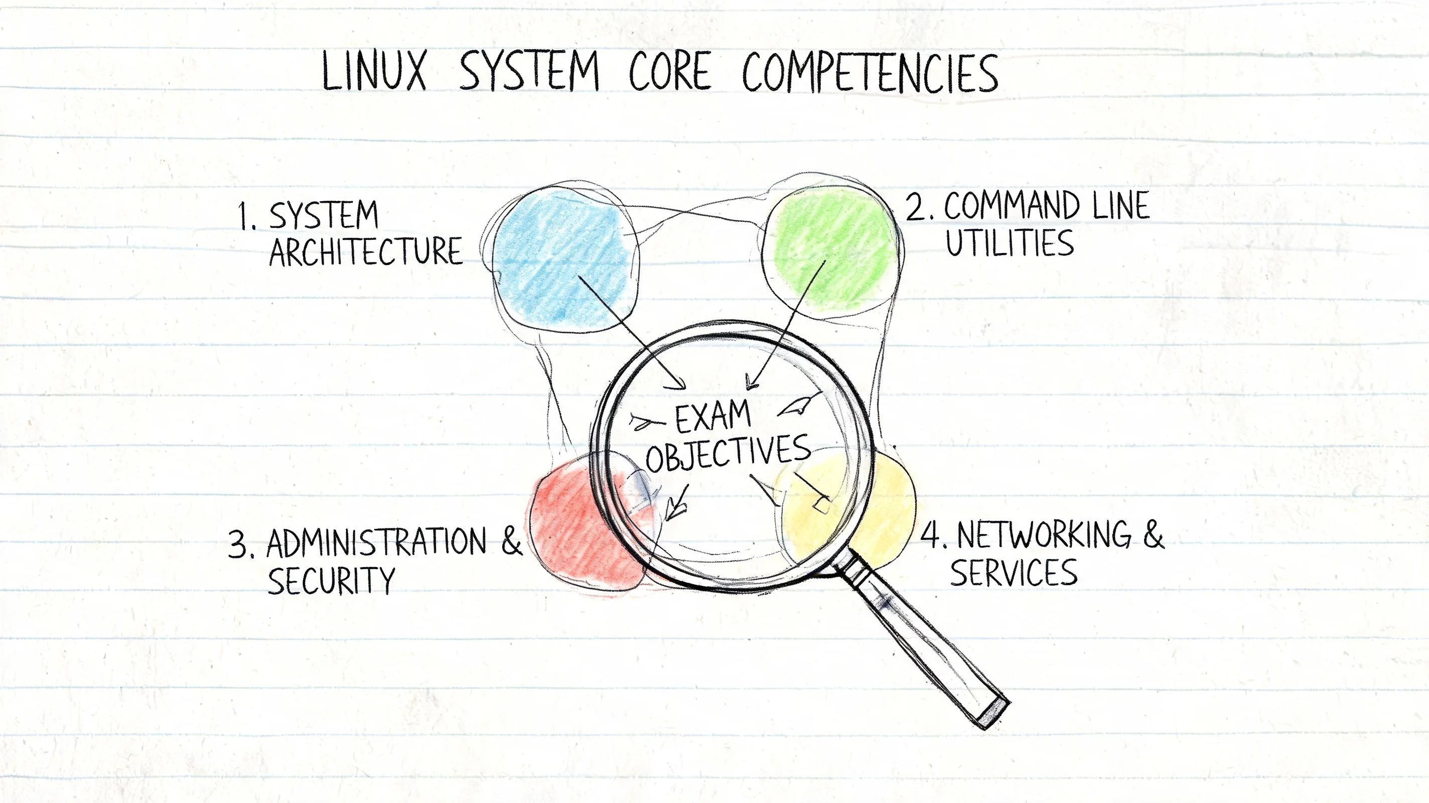Diagram showing Linux system competencies: system/storage, security, automation, networking/troubleshooting.