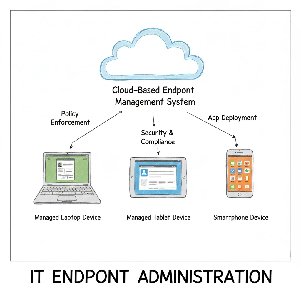 A sketch of an airport control tower connecting to a laptop, tablet, and smartphone, representing endpoint administration.