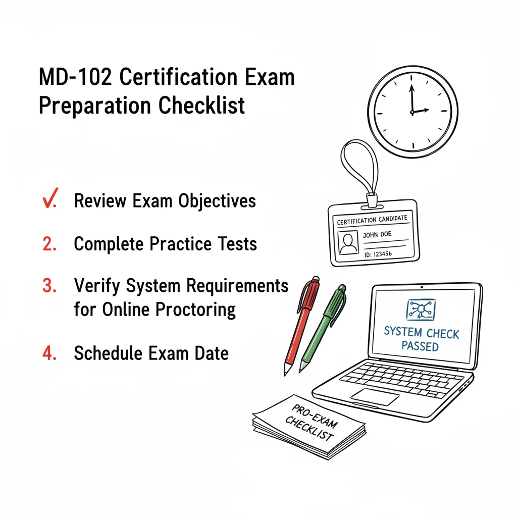 An illustration showing an exam checklist with a clock, ID badge, pens, and a laptop.