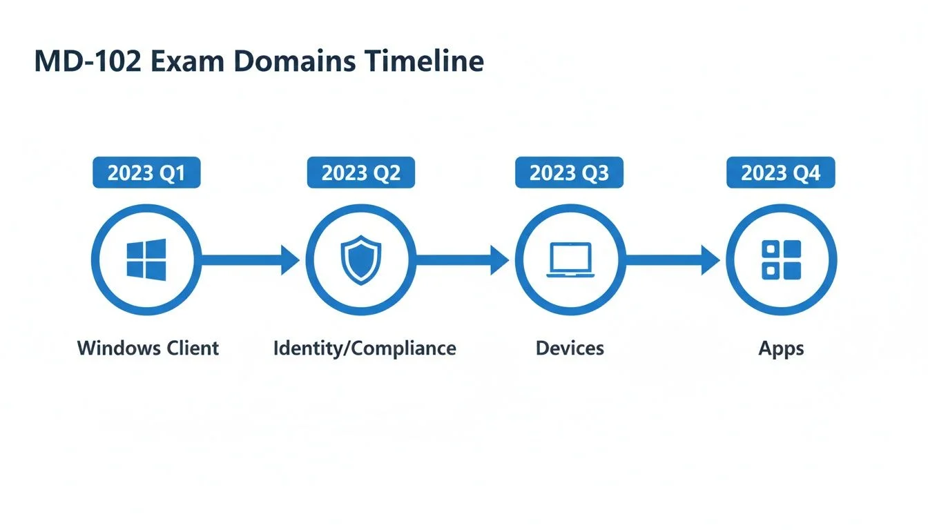 MD-102 Exam Domains Timeline for 2023, showing Windows Client, Identity, Devices, and Apps.