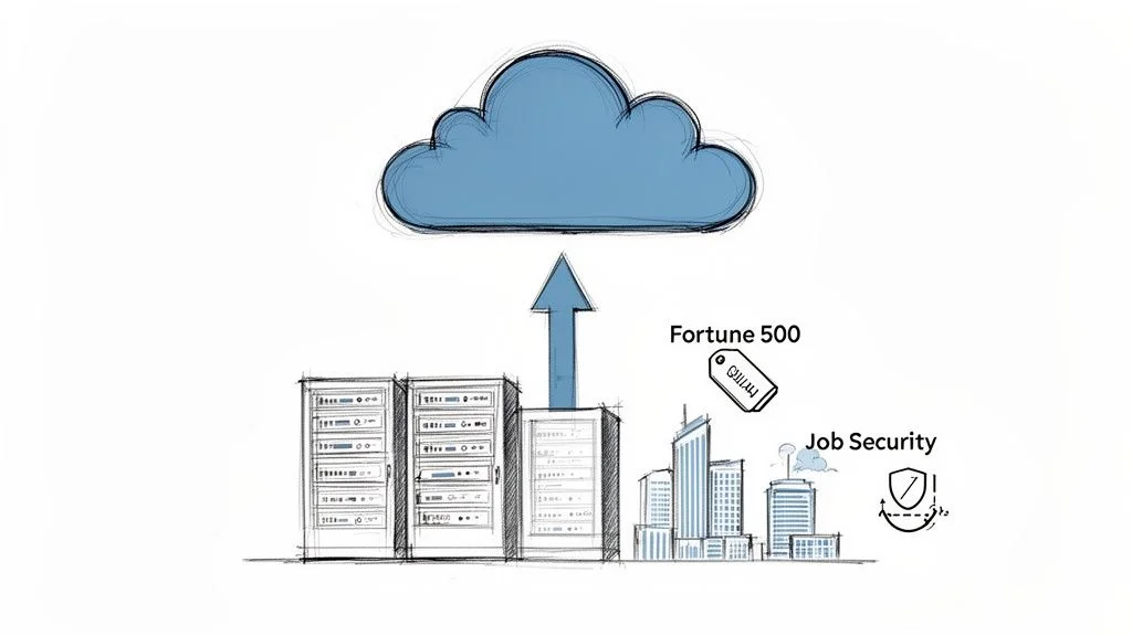Illustration showing data centers and buildings migrating to a cloud, symbolizing Fortune 500 opportunities and job security.