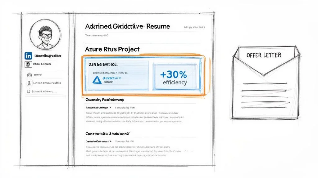 A sketch of a resume displaying an Azure project's achievements and efficiency, next to an offer letter.