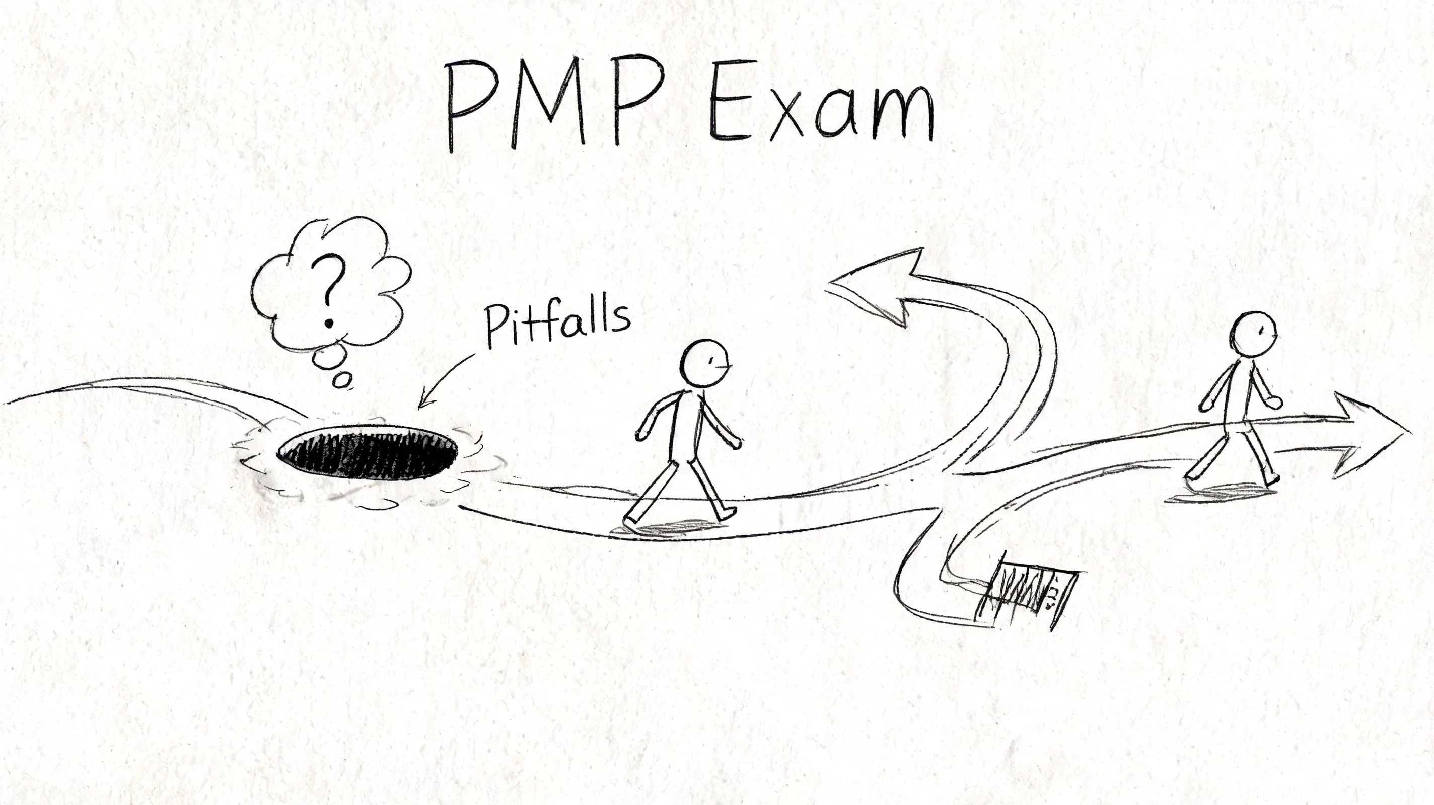 A hand-drawn illustration showing a person navigating a path past a dark hole labeled as Pitfalls.