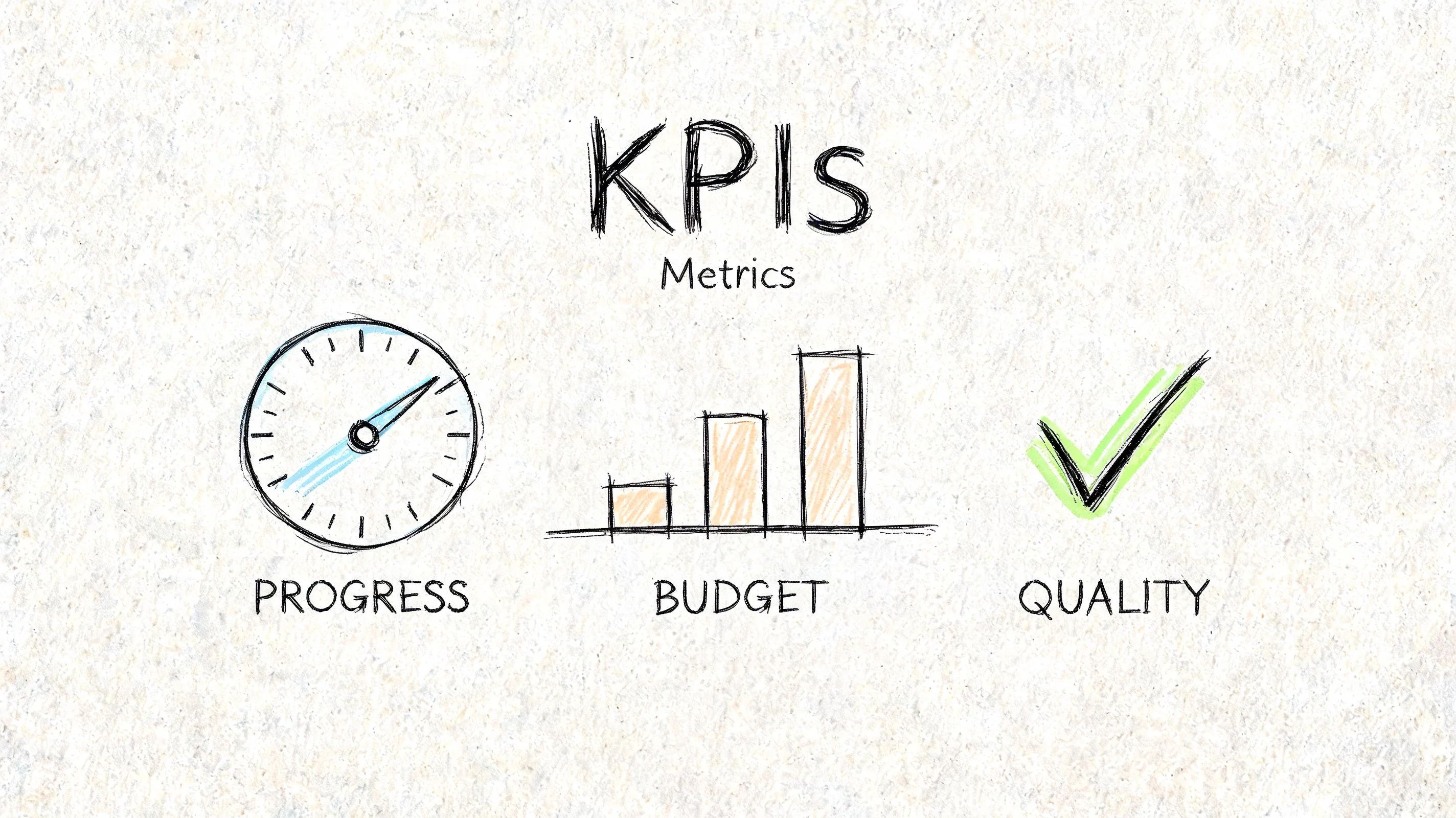 A hand-drawn illustration depicting key performance indicators labeled as progress, budget, and quality on textured paper.
