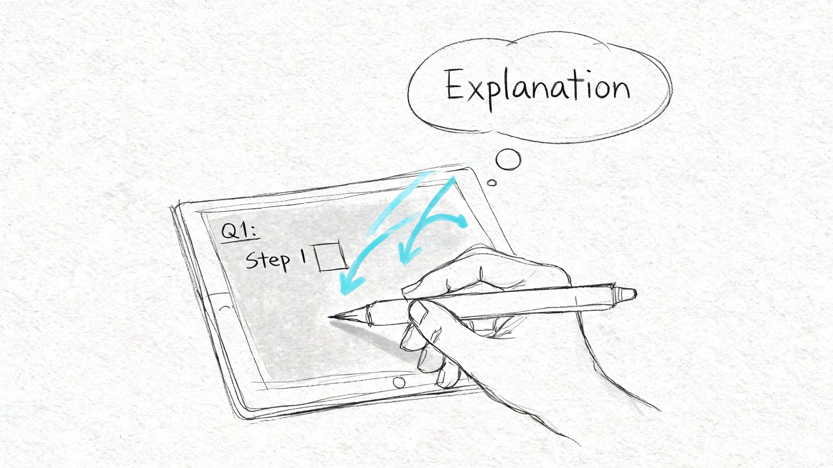 Hand writing on a tablet during a test.