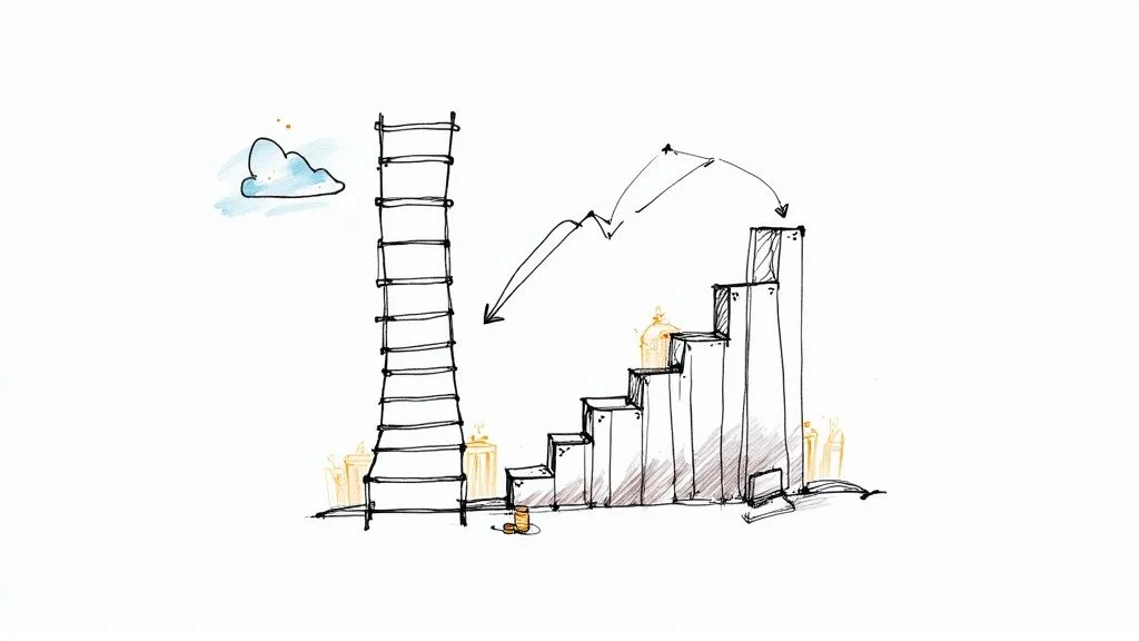 Hand-drawn illustration showing a ladder to a cloud, ascending steps, and an arrow indicating business growth.