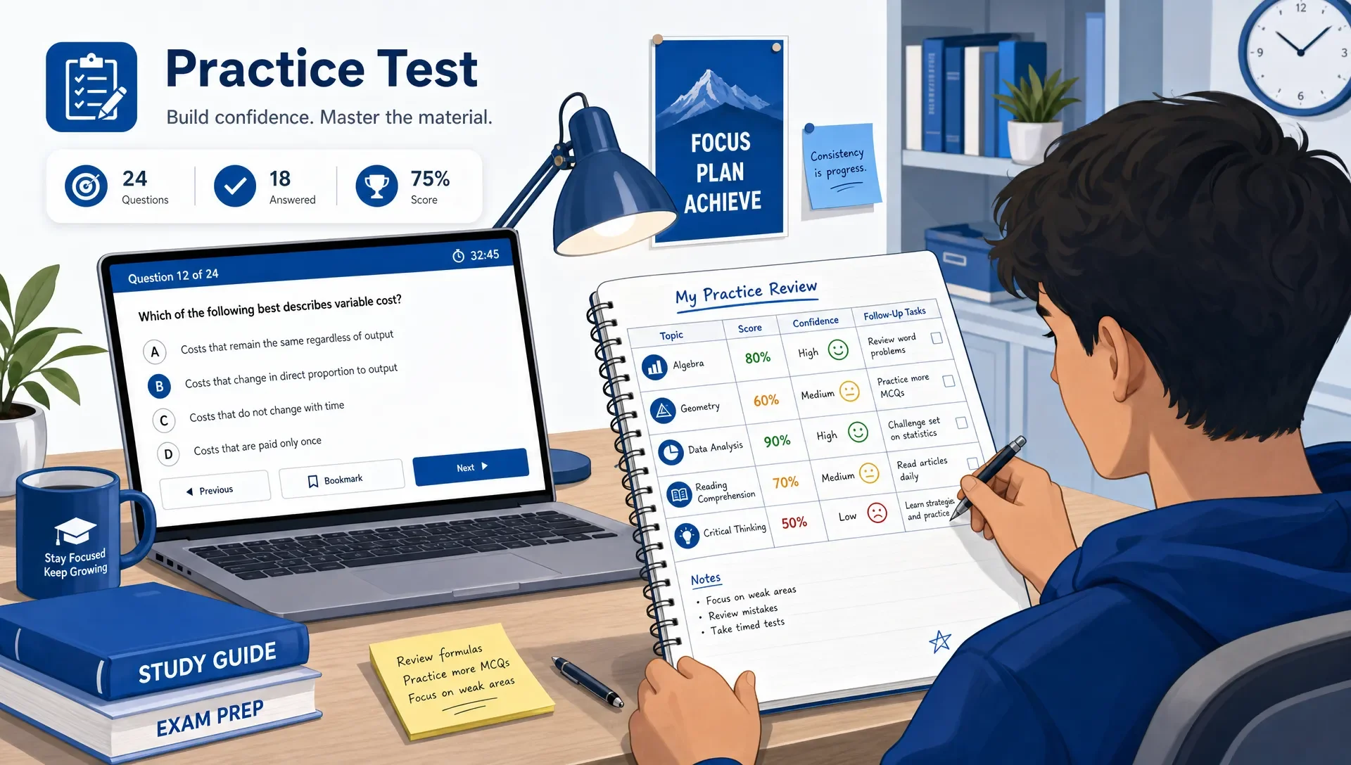 Learner reviews practice tests with notebook.