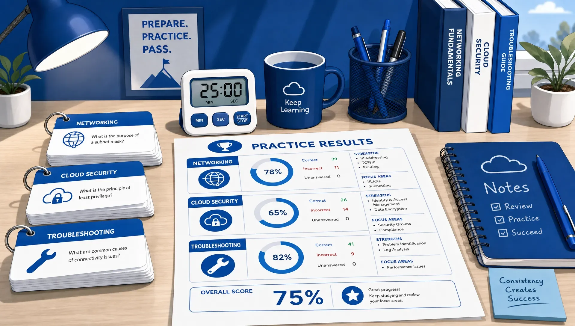 Study desk with flashcards, timer, and grouped practice results.