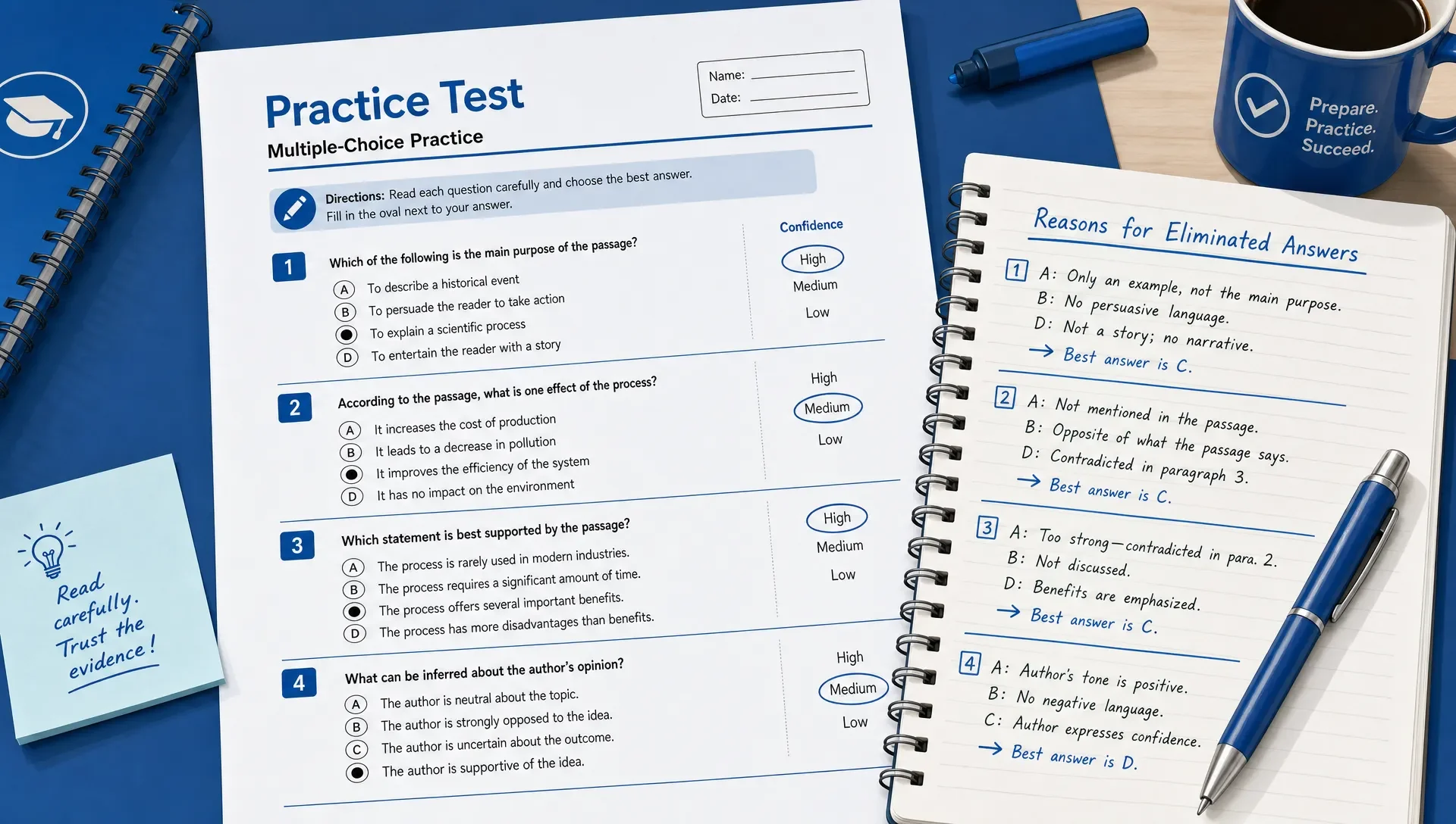 A printed multiple-choice practice test shows confidence marks beside questions and a notebook with short reasons for eliminated answers.