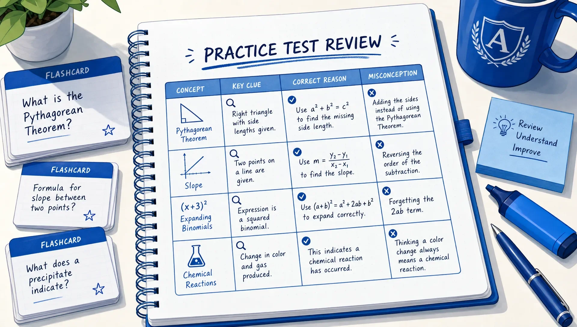 A study notebook shows a practice test review page with columns for concept, key clue, correct reason and misconception, with flashcards nearby.
