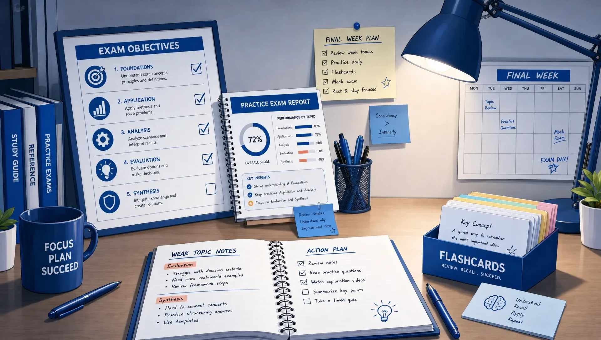 A study desk with official exam objectives, a highlighted practice report, notes on weak topics, and flashcards prepared for final exam review.