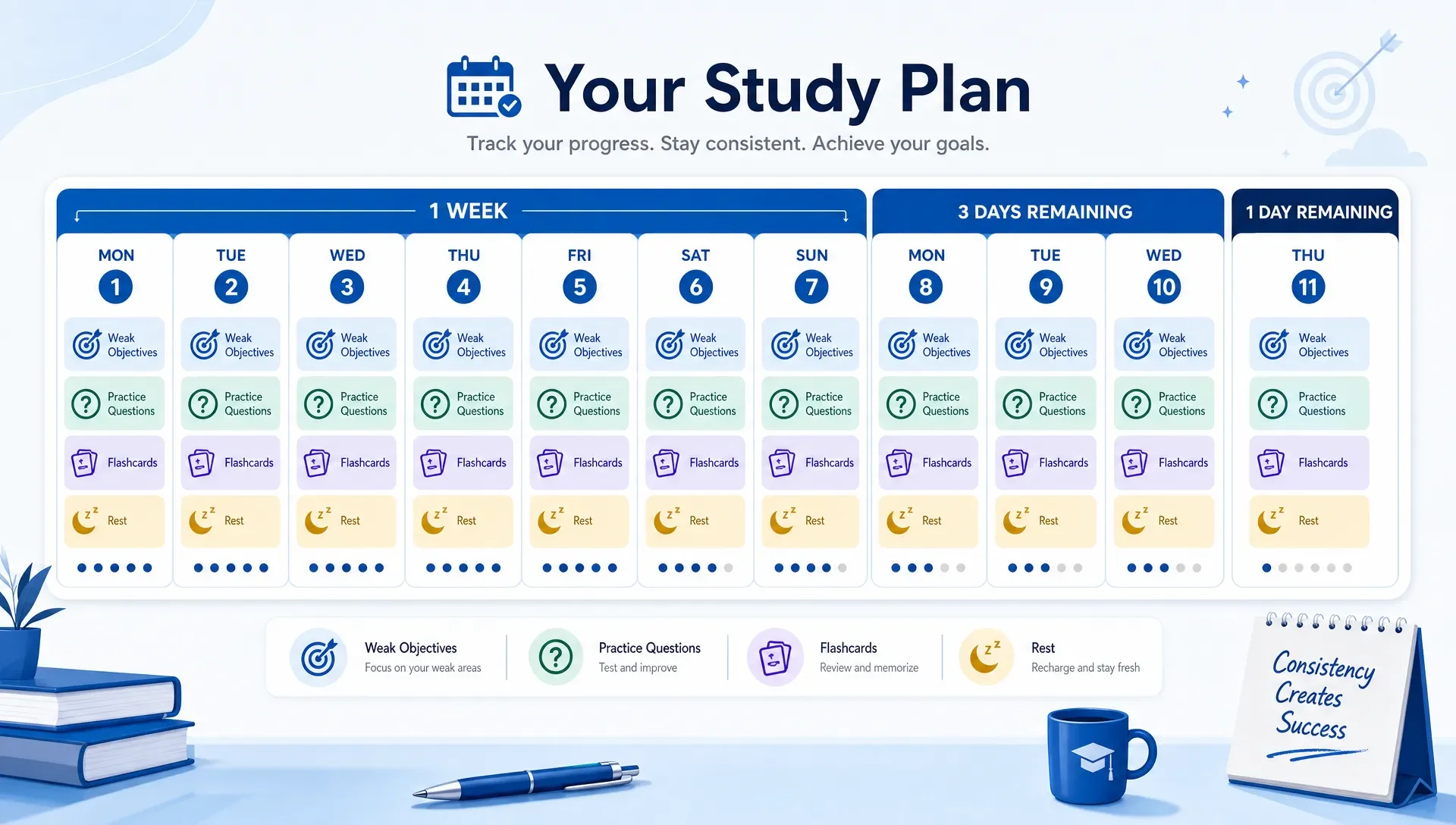 A calendar showing one week, three days, and one day until an exam, with study blocks for weak objectives, practice questions, flashcards, and rest.