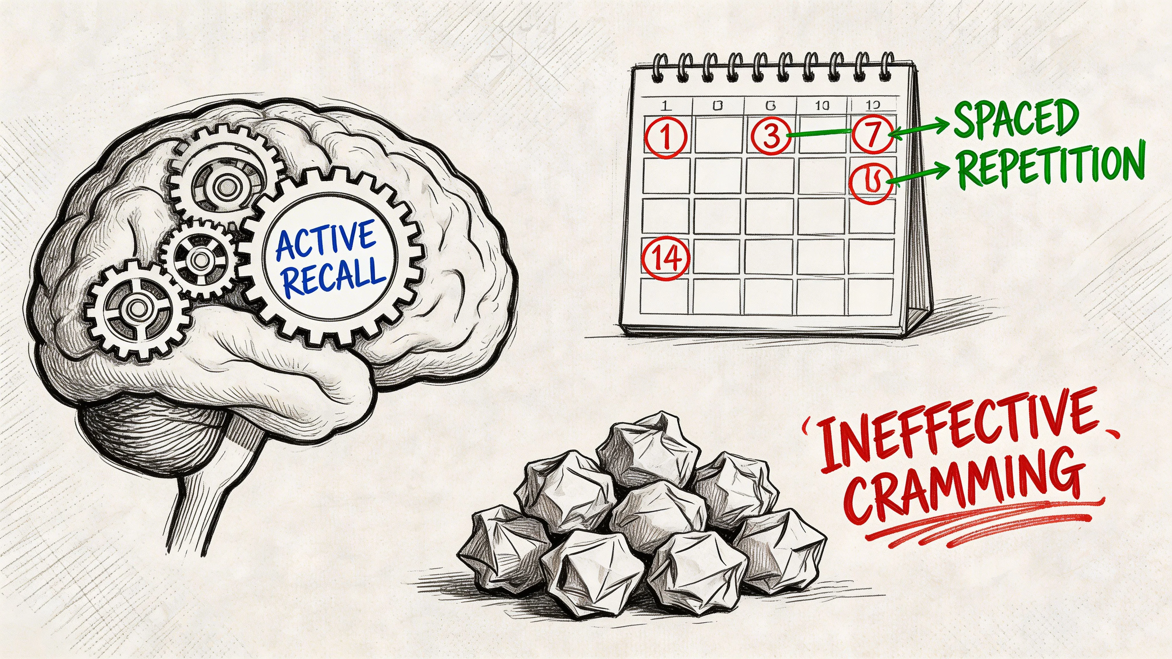 A hand-drawn illustration showing effective study techniques like active recall and spaced repetition versus ineffective cramming methods.