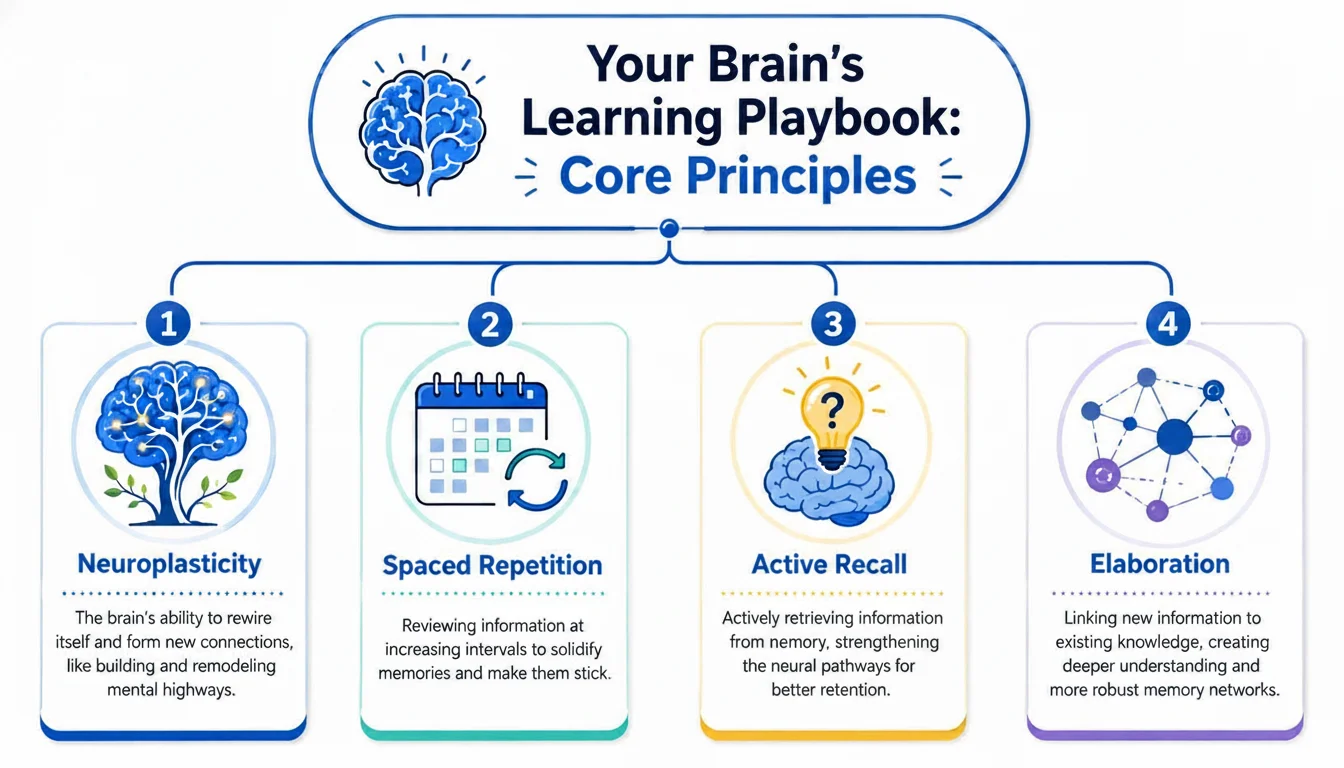 A diagram titled Your Brain's Learning Playbook showing four core principles: Neuroplasticity, Spaced Repetition, Active Recall, and Elaboration.