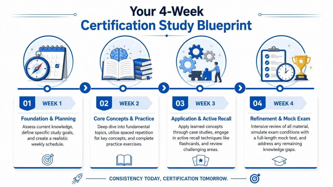 A four-week certification study blueprint infographic outlining a structured path for academic and professional exam preparation.