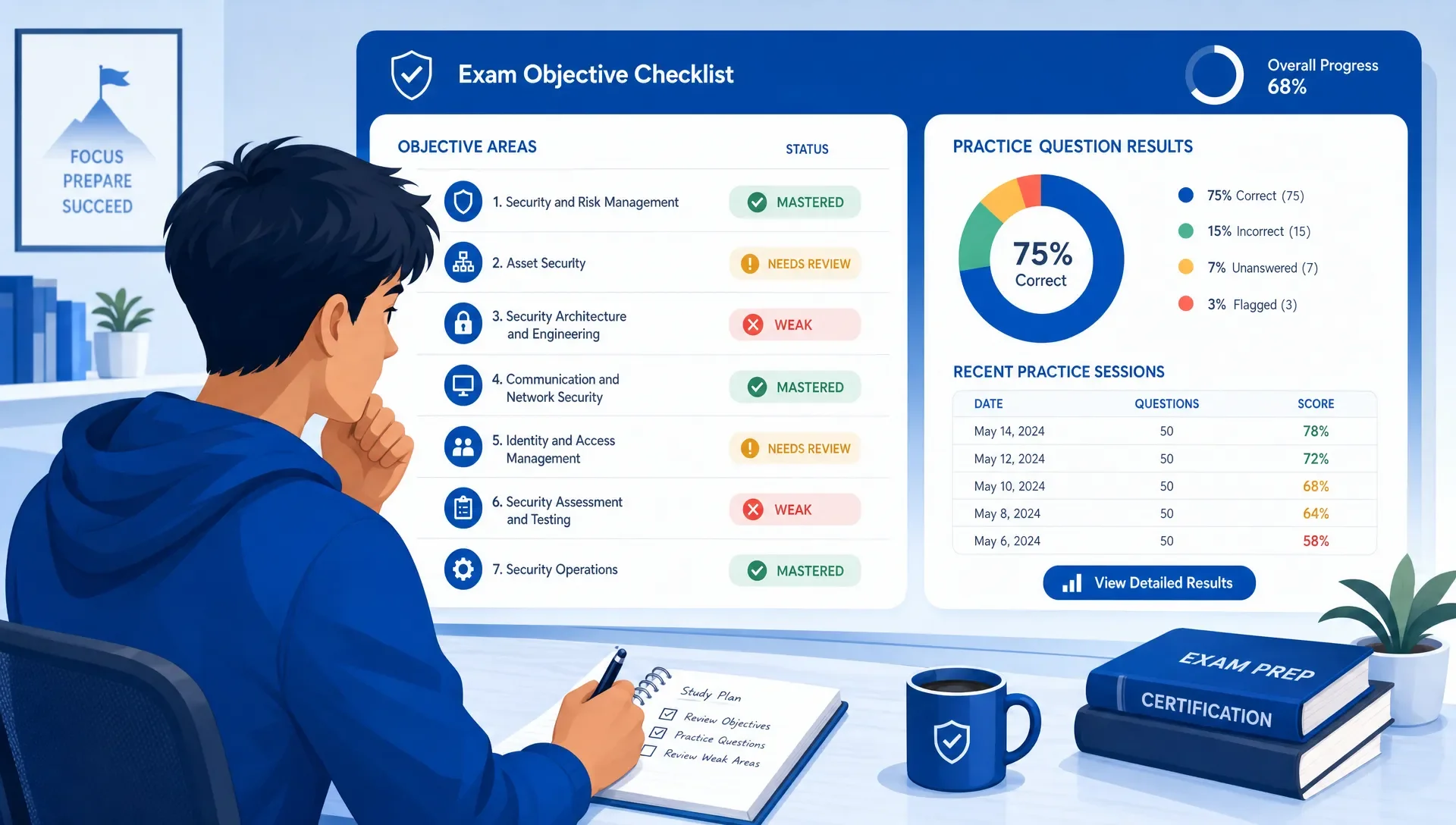 A candidate reviews an exam objective checklist beside practice question results, with topic areas marked mastered, weak, or needs review.