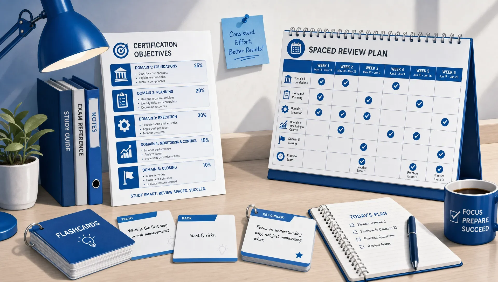 A clean study desk with printed certification objectives, flashcards, and a calendar showing spaced review sessions across several weeks.