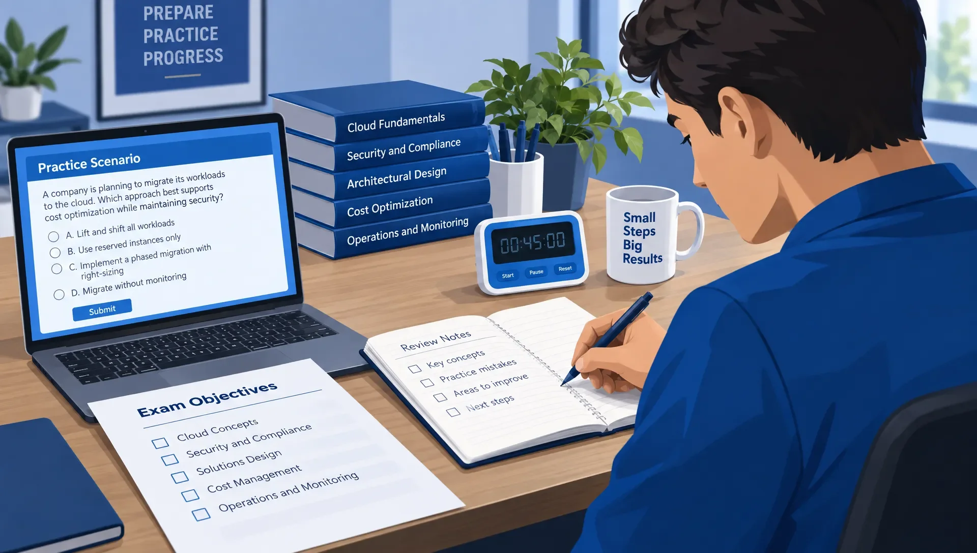A candidate writes a focused review task in an open notebook beside practice scenarios, a timer, and printed exam objectives.