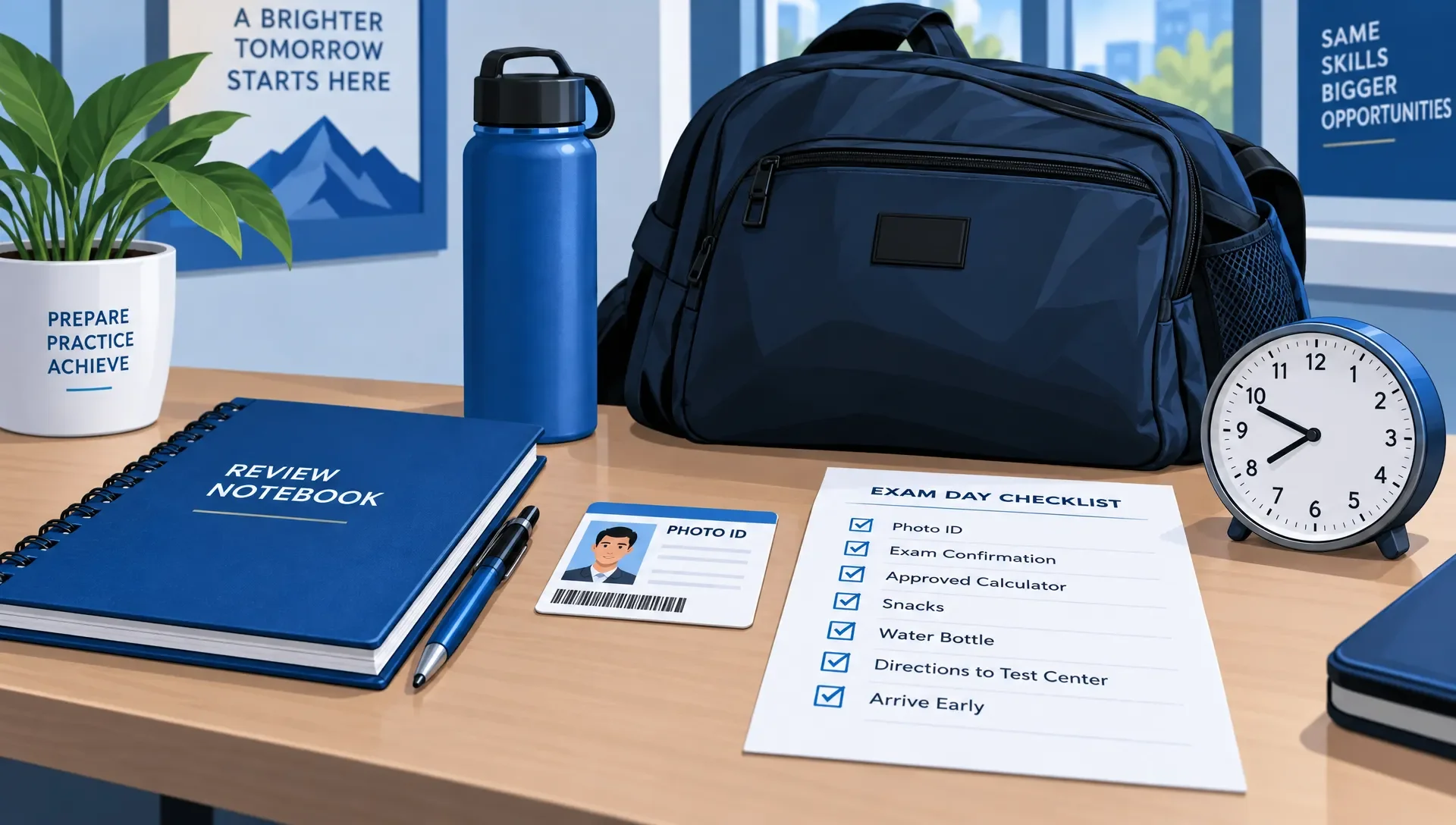 A closed review notebook, photo ID, appointment checklist, and clock sit beside a packed bag, ready for certification exam day.
