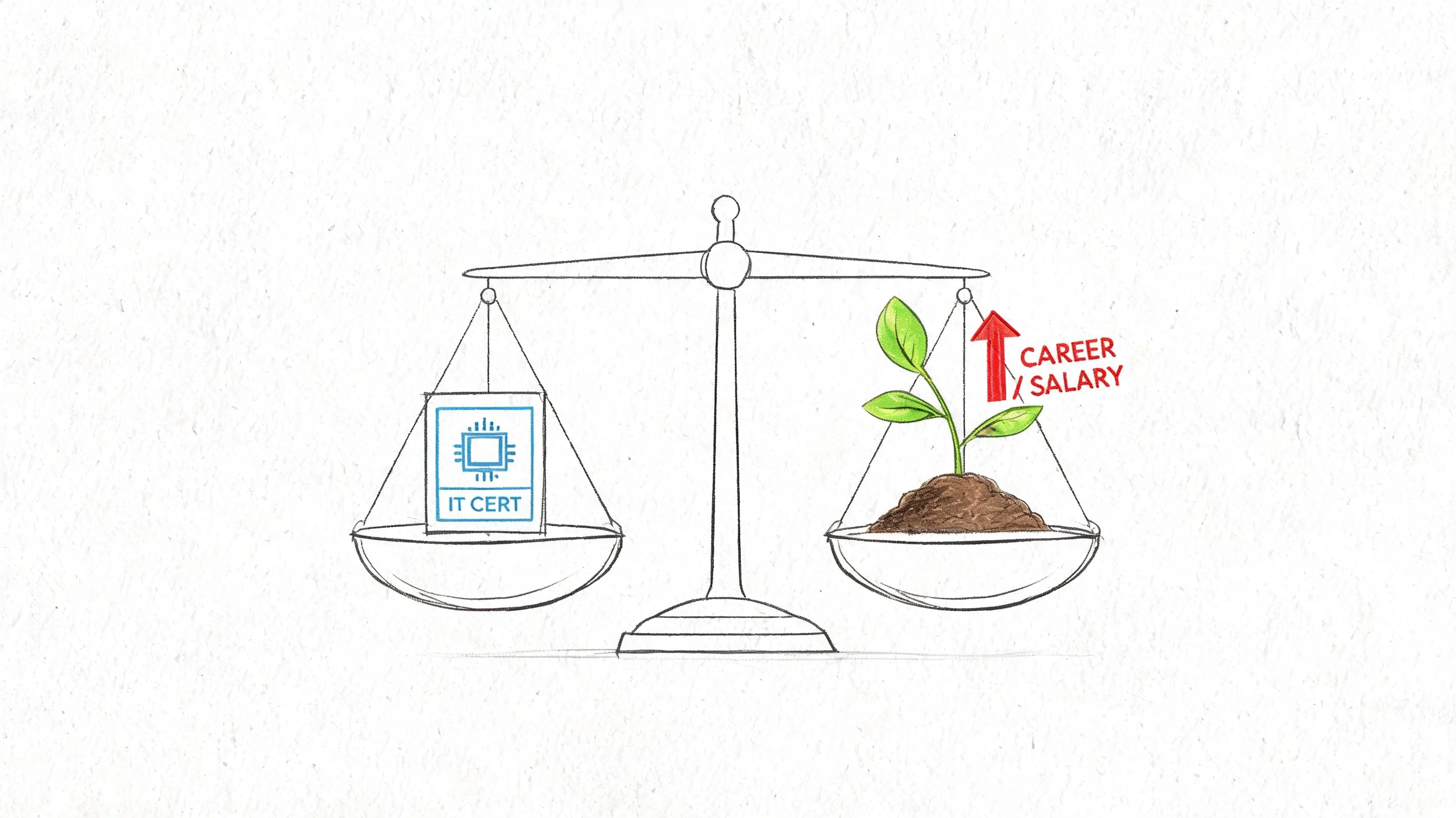 Illustration of a scale, balancing an IT certification on one side with career growth on the other.