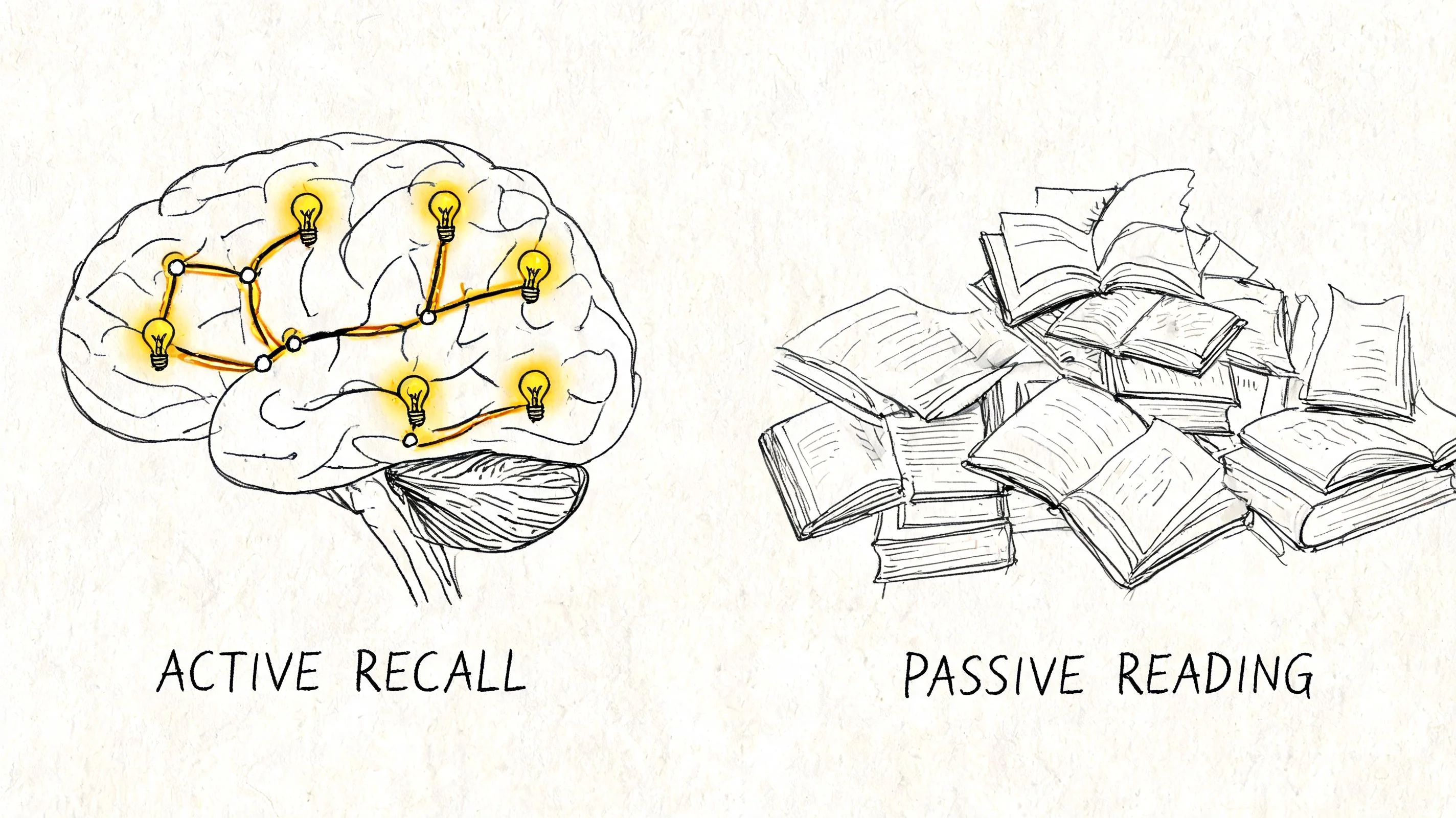 Illustration showing active recall vs. passive reading.