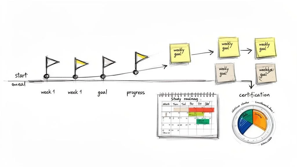 A hand-drawn study roadmap for IT certification, showing goals, progress, a calendar, and skill distribution.