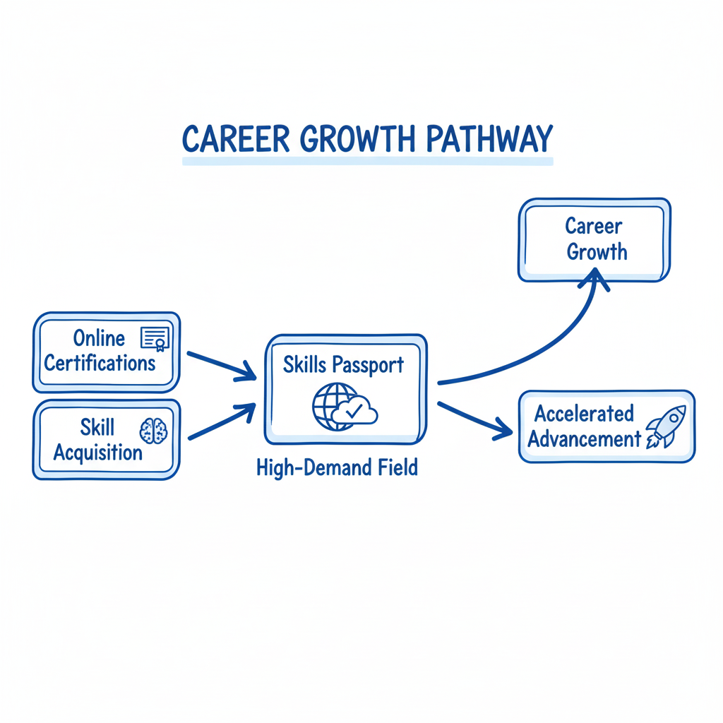 Flowchart illustrating a career growth pathway, showing how skills passport and high-demand fields lead to accelerated advancement.