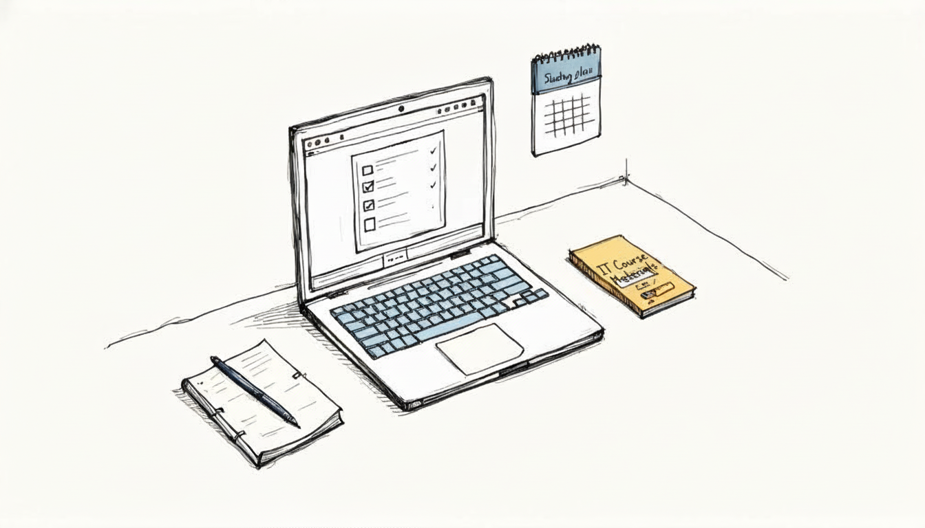 An illustration of a study desk with a laptop displaying a checklist, a calendar, a notebook, and a book.