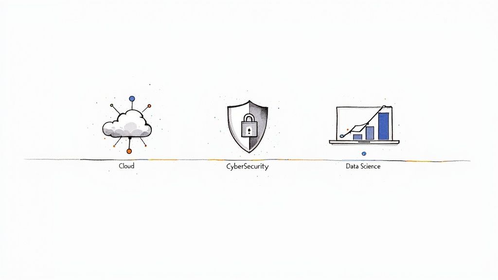 Illustrative icons representing Cloud, Cybersecurity, and Data Science, crucial fields for IT certification courses.