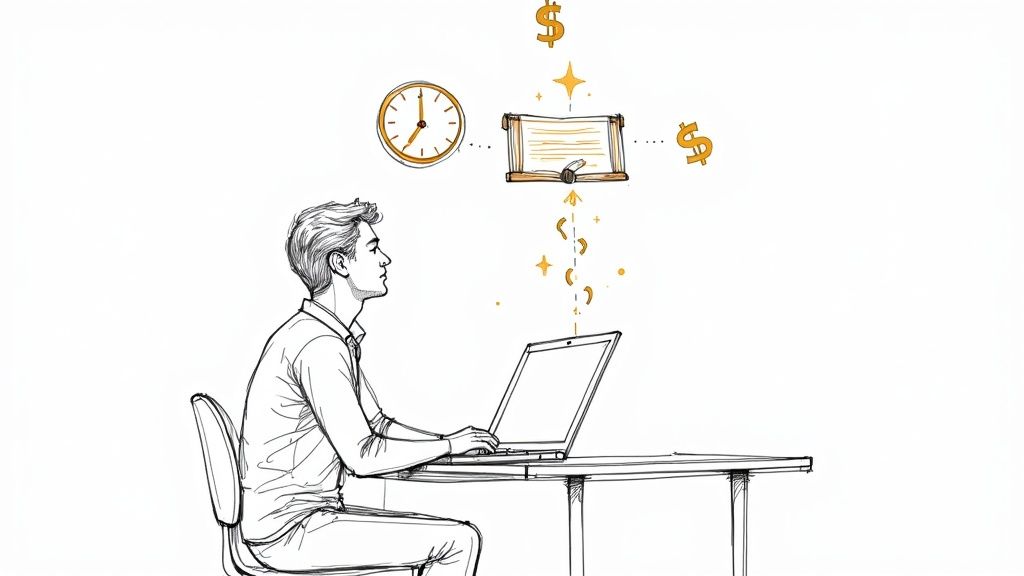 Image of a person studying intently on a laptop with digital graphs and networks superimposed, symbolizing online IT certification training.