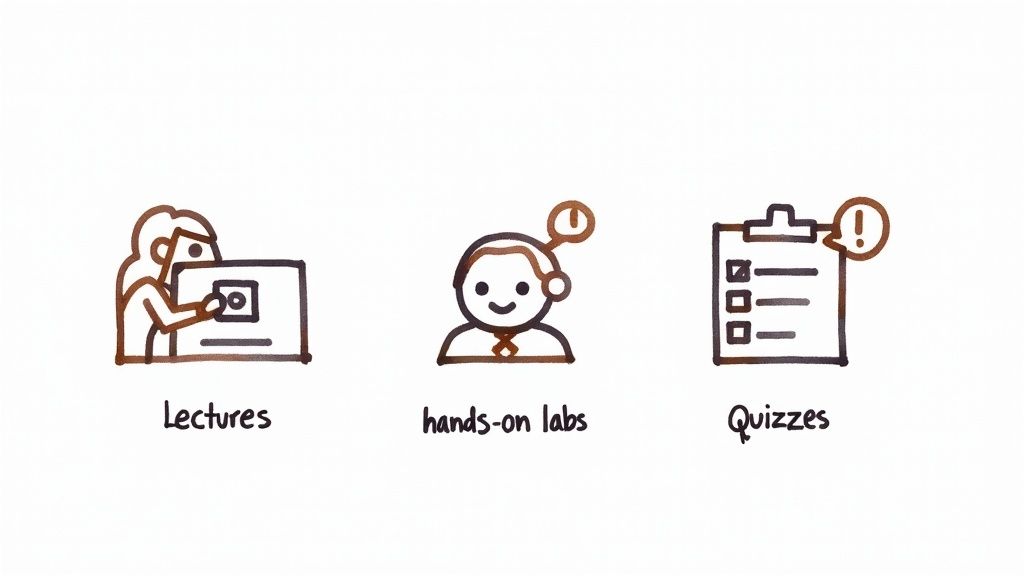 Image of a person analyzing different online course options on a tablet, surrounded by other digital devices, symbolizing careful selection of a training provider.