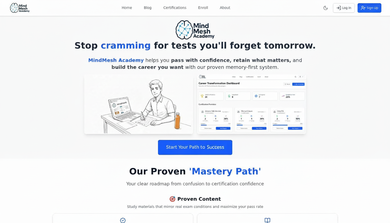 Mindmesh Academy learning platform dashboard showing progress and study materials.
