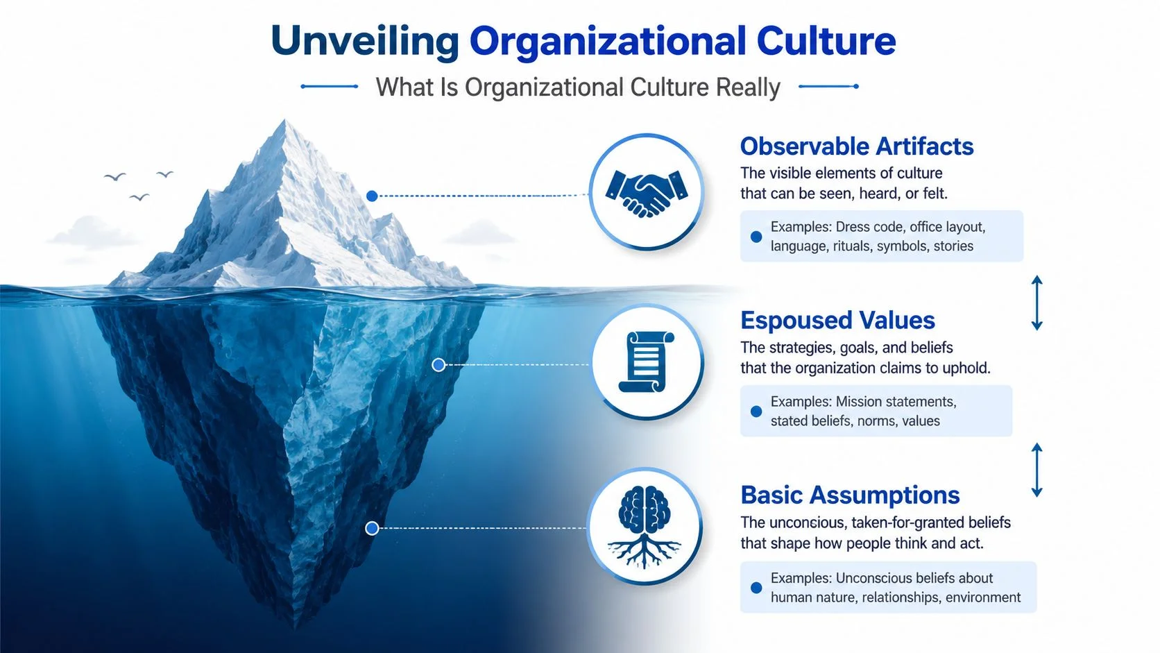 An iceberg illustration representing organizational culture, showing visible artifacts, espoused values, and underlying basic assumptions.
